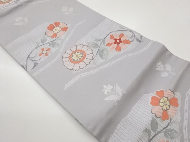 JAPANESE KIMONO / GEOMETRIC PATTERN WOVEN FLOWER LEAVES NAGOYA OBI